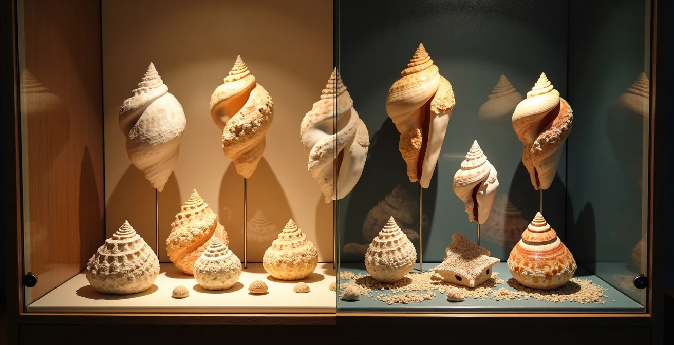 Vitrine de conservation avec éclairage LED anti-UV présentant une collection de coquillages aux couleurs préservées