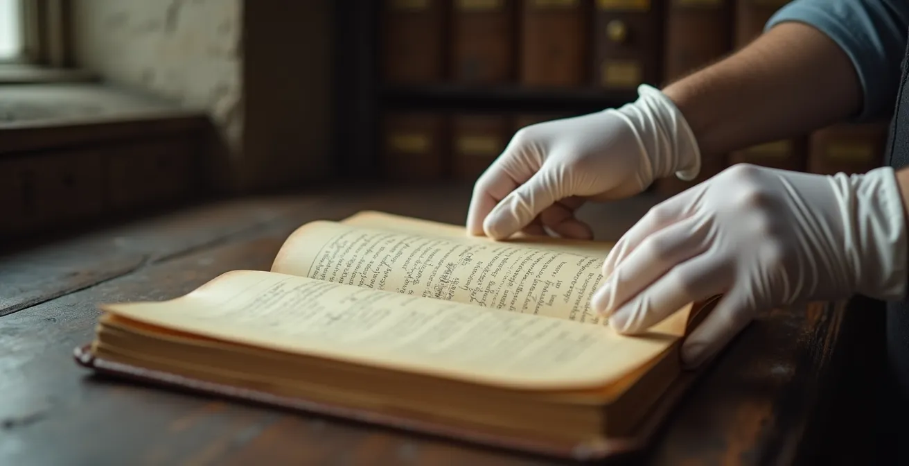 Mains avec gants blancs consultant délicatement un registre ancien dans une salle d'archives