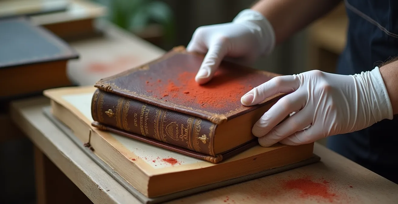 Reliure ancienne en cuir présentant la dégradation caractéristique en poudre rouge avec boîte de conservation
