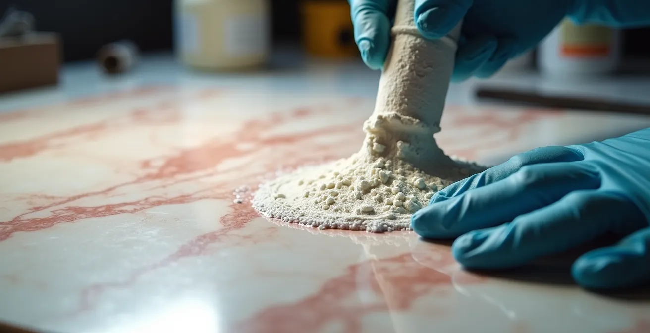 Restaurateur appliquant une compresse de terre de Sommières sur une surface de marbre tachée