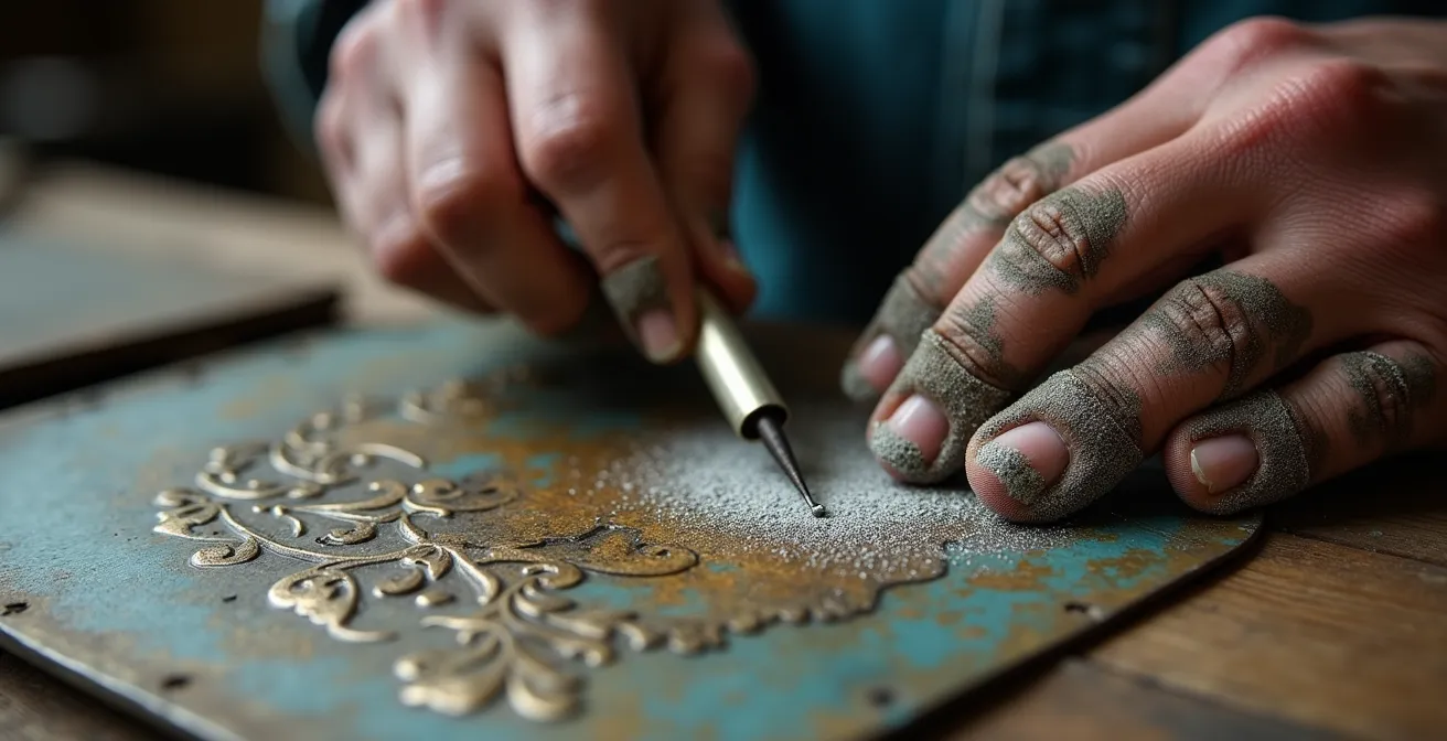 Mains expertes travaillant sur la restauration minutieuse d'une boîte métallique ancienne