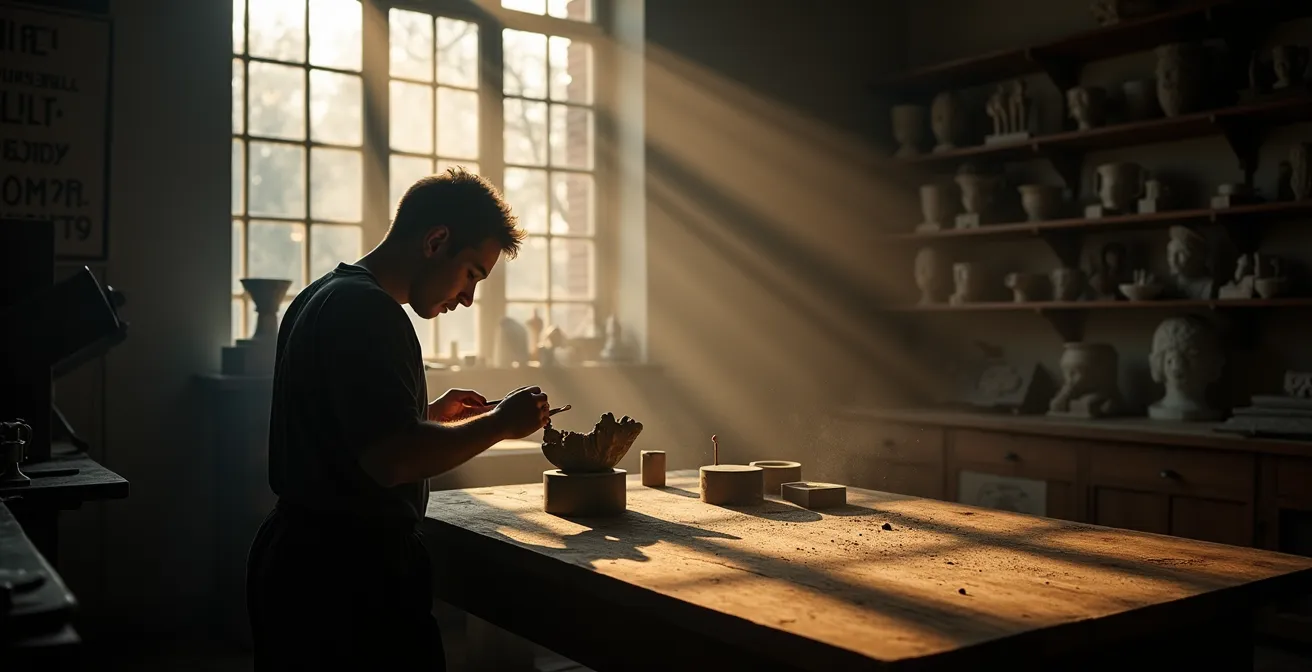 Artisan restaurateur travaillant sur une main en bronze dans un atelier traditionnel