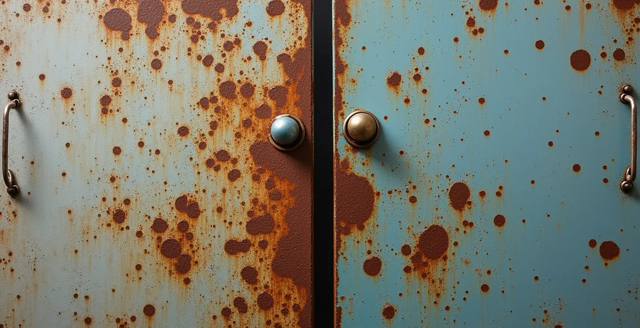 Comparaison visuelle entre une plaque émaillée restaurée et une plaque dans son état d'origine avec patine