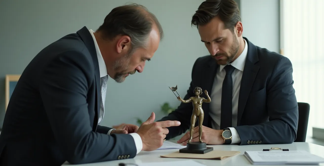 Réunion d'expertise contradictoire entre expert d'assurance et expert d'assuré autour d'une sculpture