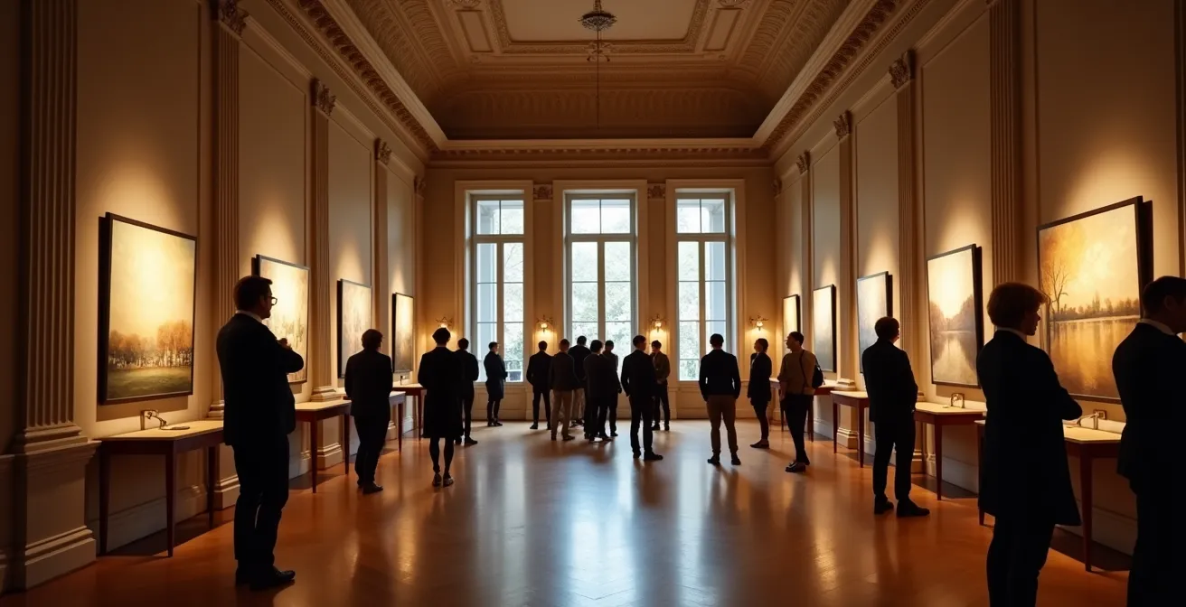 Vue large d'une salle de vente aux enchères parisienne avec architecture classique et éclairage théâtral