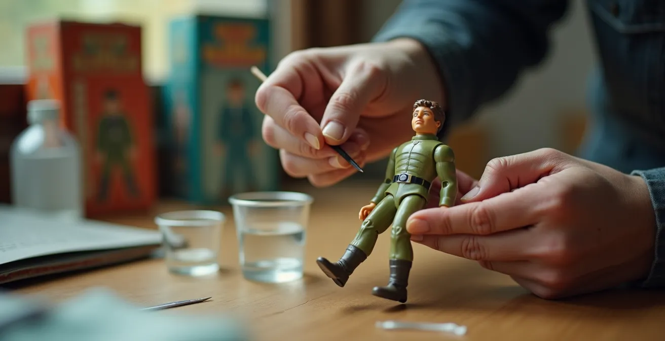 Application minutieuse de vernis sur l'articulation d'une figurine vintage