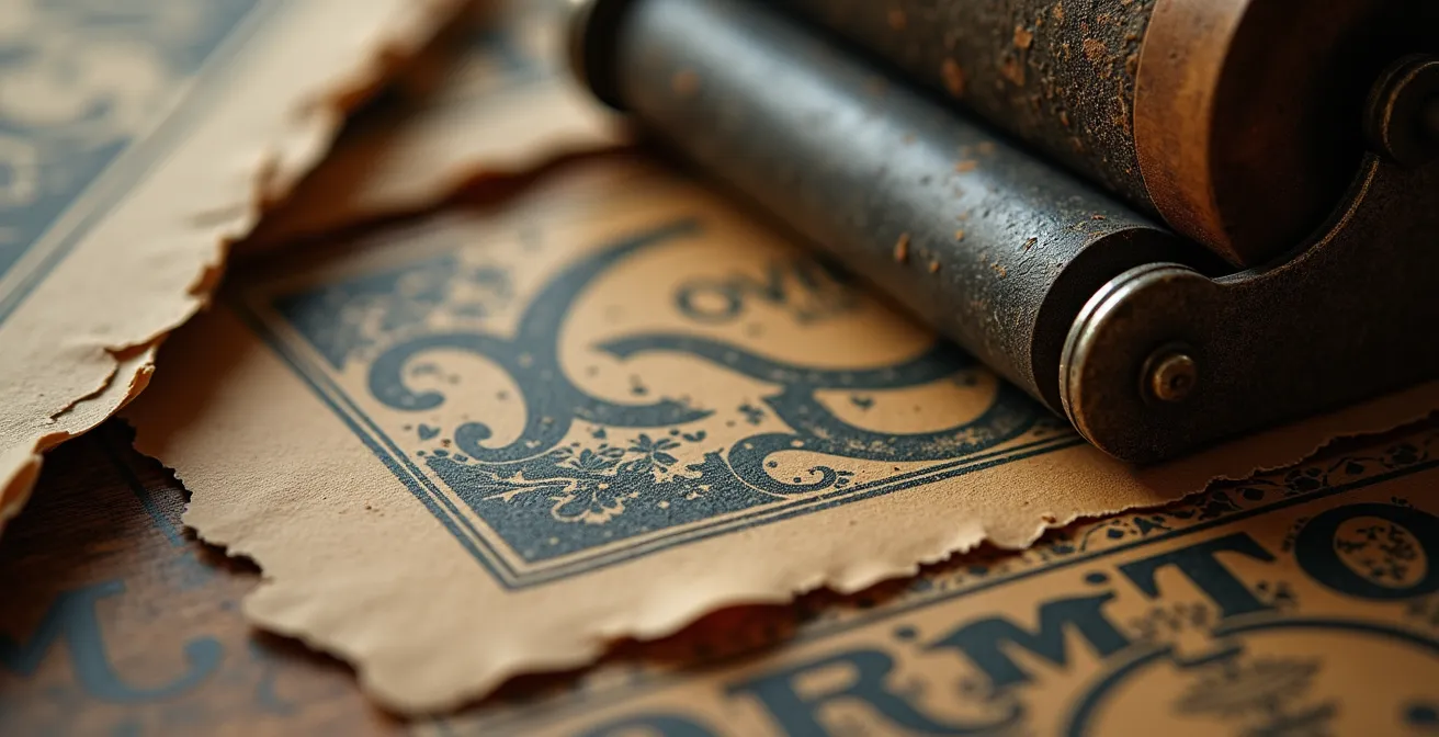 Détails macro de papiers anciens et matériaux d'impression disposés sur une table d'atelier