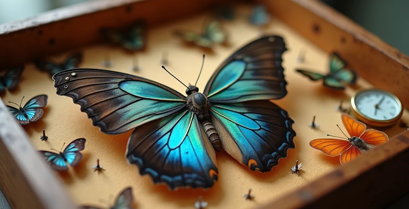 Boîte entomologique hermétique avec système de contrôle hygrométrique et papillons parfaitement conservés