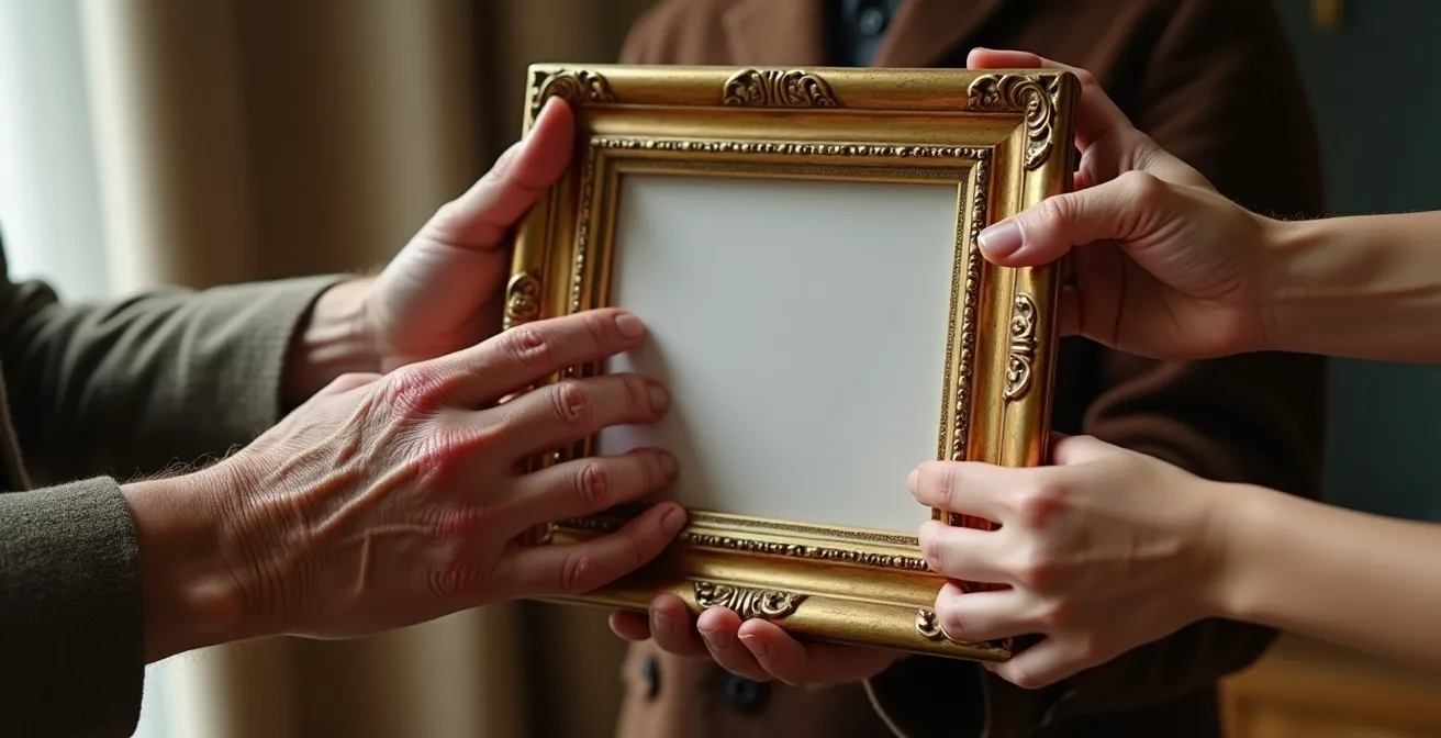 Mains de différentes générations touchant délicatement un cadre doré