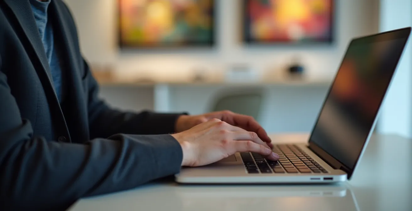 Professionnel consultant un ordinateur portable dans un environnement de galerie, lumière douce