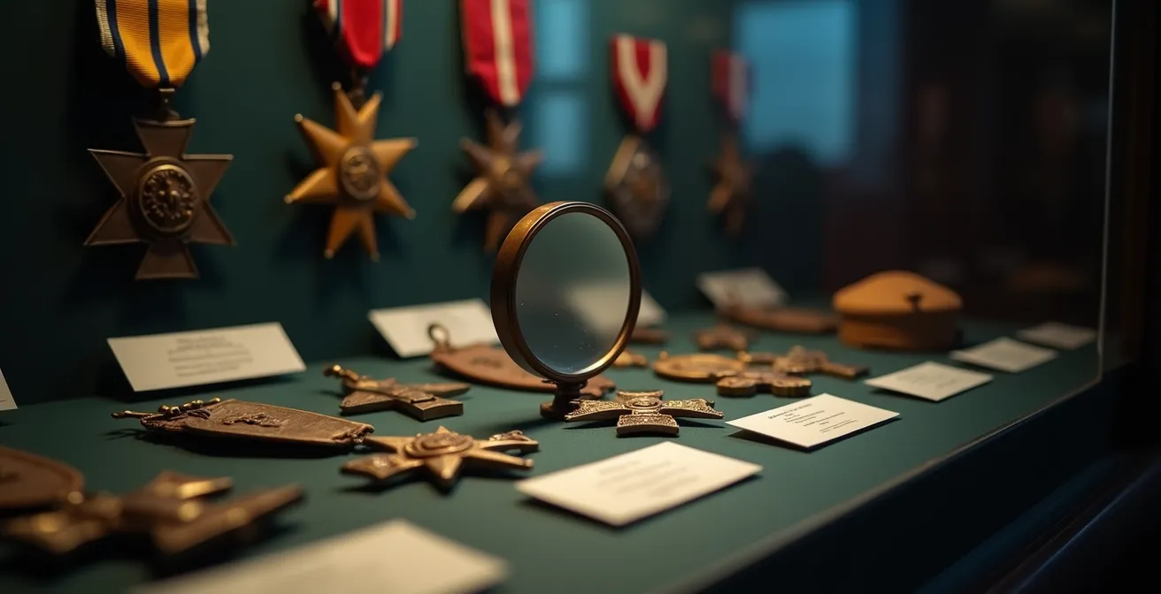 Vitrine de collection historique avec cartels explicatifs et mise en contexte pédagogique