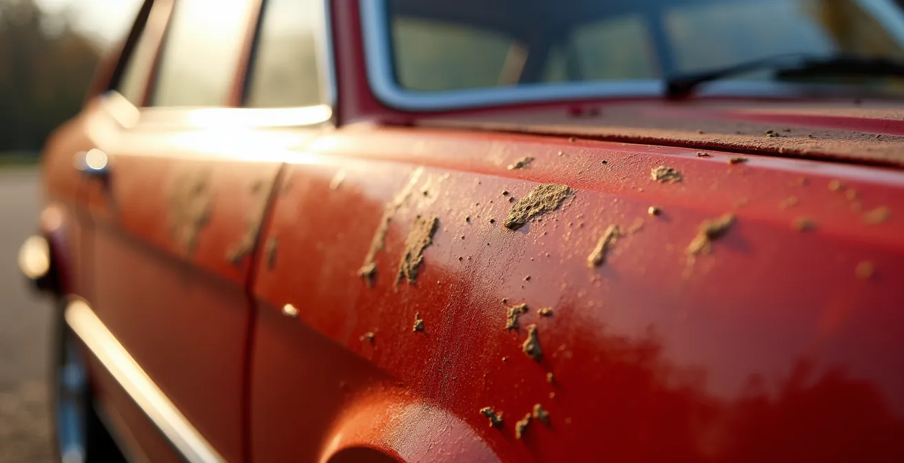 Détail macro de peinture patinée d'origine sur carrosserie années 80 montrant l'authenticité