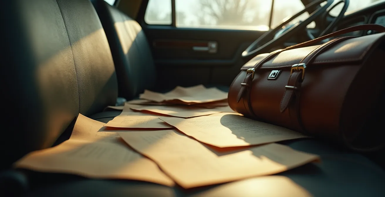 Vue rapprochée de l'intérieur d'une voiture avec papiers éparpillés